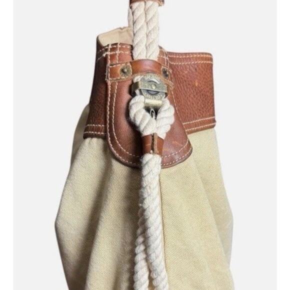 Vtg GAP Jeans Canvas Bucket Bag Tote Rope Cream Brown Leather Y2K 90s Hobo Purse - Picture 5 of 16